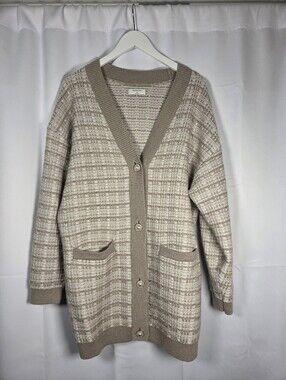 Aritzia Babaton Lacer Merino Wool Cardigan Sweater Beige Tan Plaid Women's M